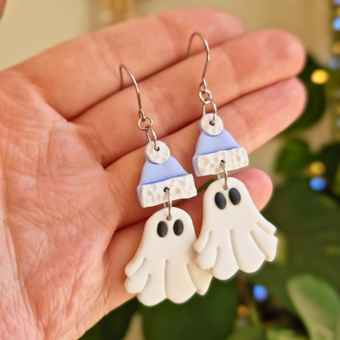 Bobble Hat Winter Ghost Drop Earrings