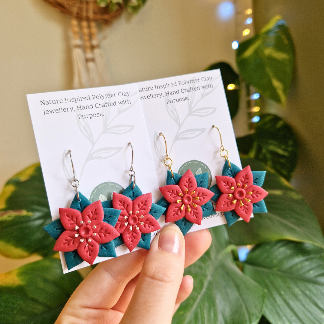 Winter Poinsettia Hook Earrings (gold or silver)