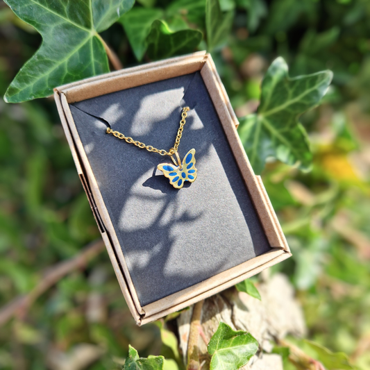 Polymer Clay and Resin Butterfly charm 20" Necklace | Blue
