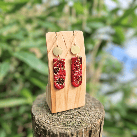 Embossed Floral Zero Waste Red Polymer Clay Earrings, hand Crafted in Dorset Thumbnail.