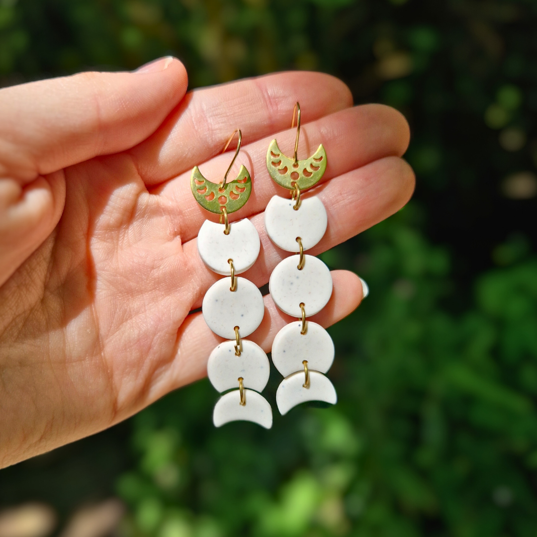 Speckled White and Gold Moon Phase Drop Earrings