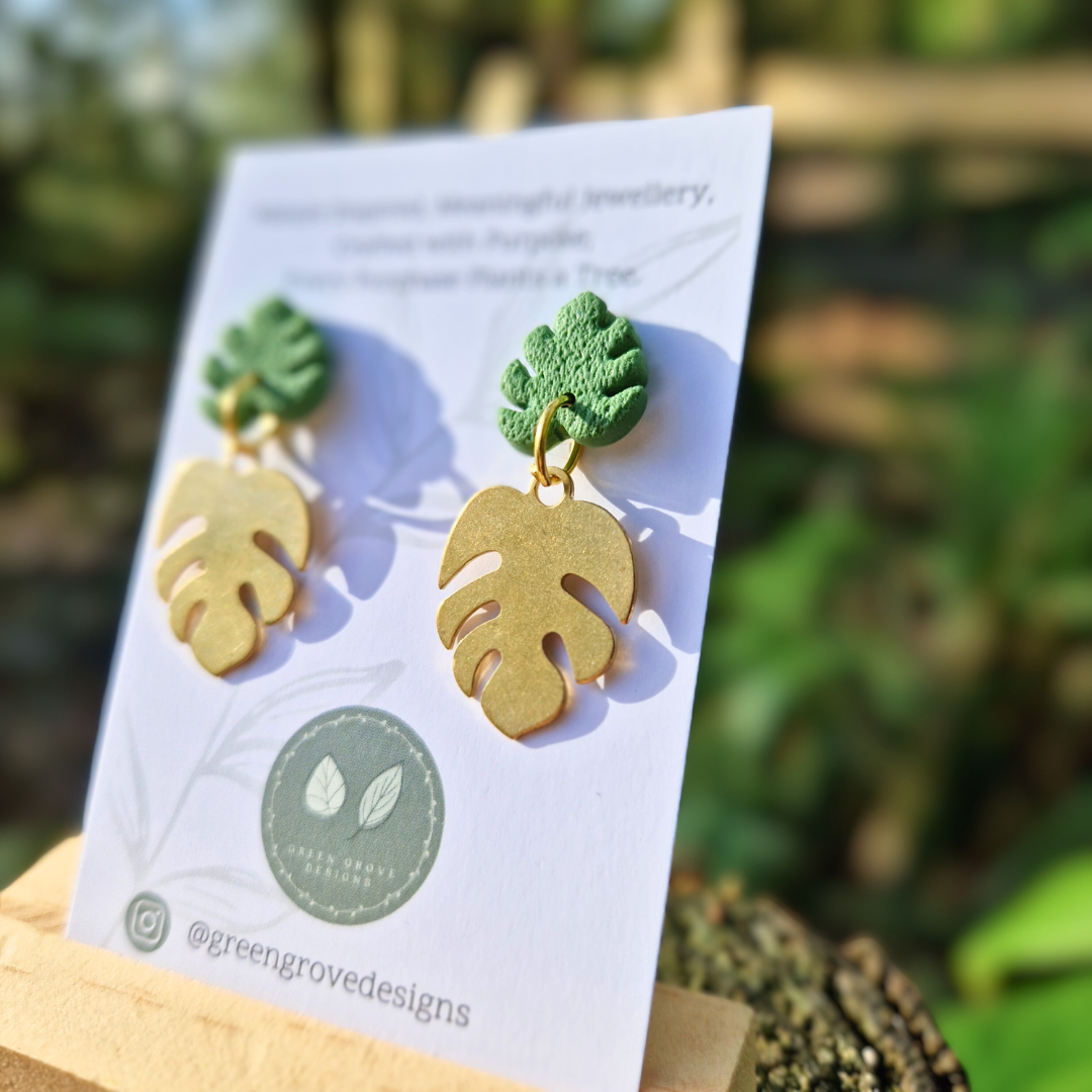 Monstera Polymer Clay and Brass Charm Drop Stud Earrings