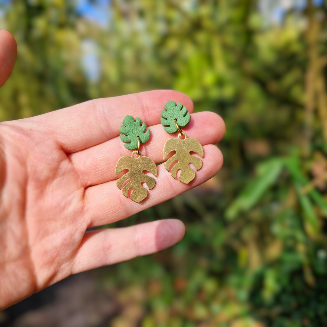 Monstera Polymer Clay and Brass Charm Drop Stud Earrings