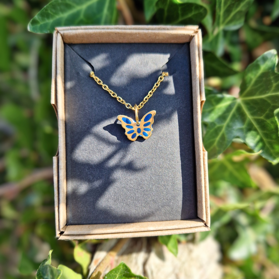 Polymer Clay and Resin Butterfly charm 20" Necklace | Blue