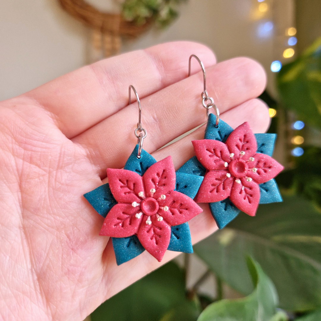 Winter Poinsettia Hook Earrings (gold or silver)