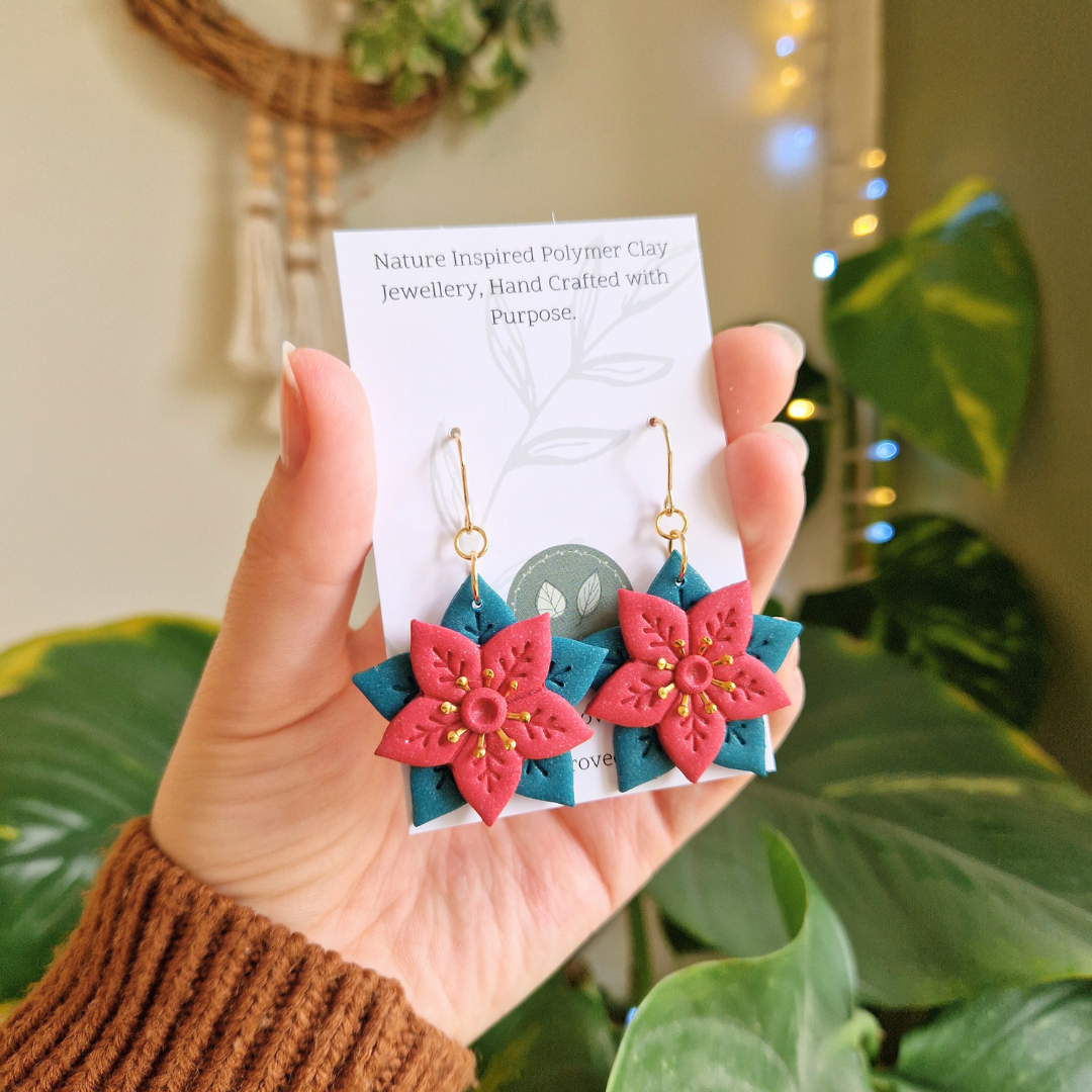 Winter Poinsettia Hook Earrings (gold or silver)