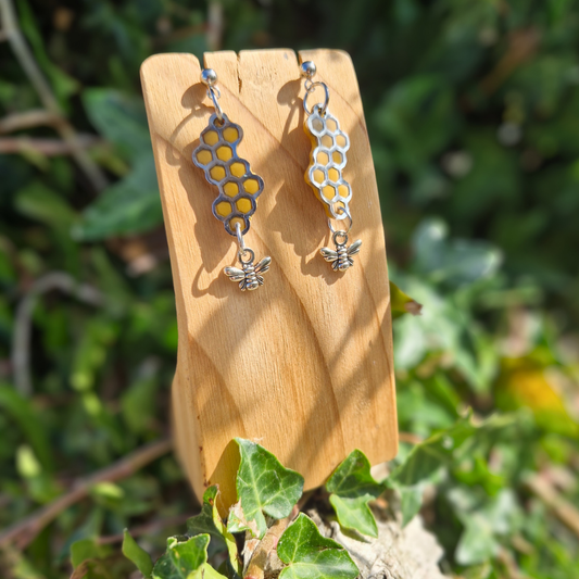 Polymer Clay and Resin Bee and Honeycomb Drop Stud Earrings