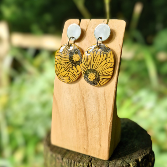 Statement Oval Sunflower Print Drop Studs