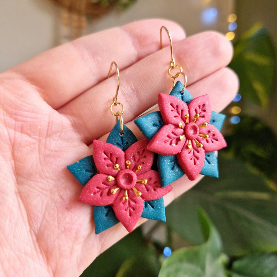 Winter Poinsettia Hook Earrings (gold or silver)