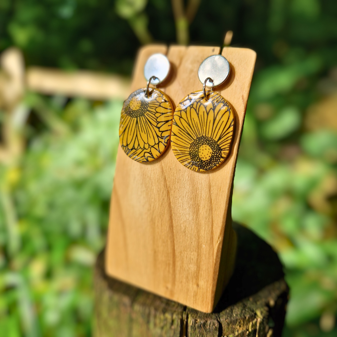 Statement Oval Sunflower Print Drop Studs