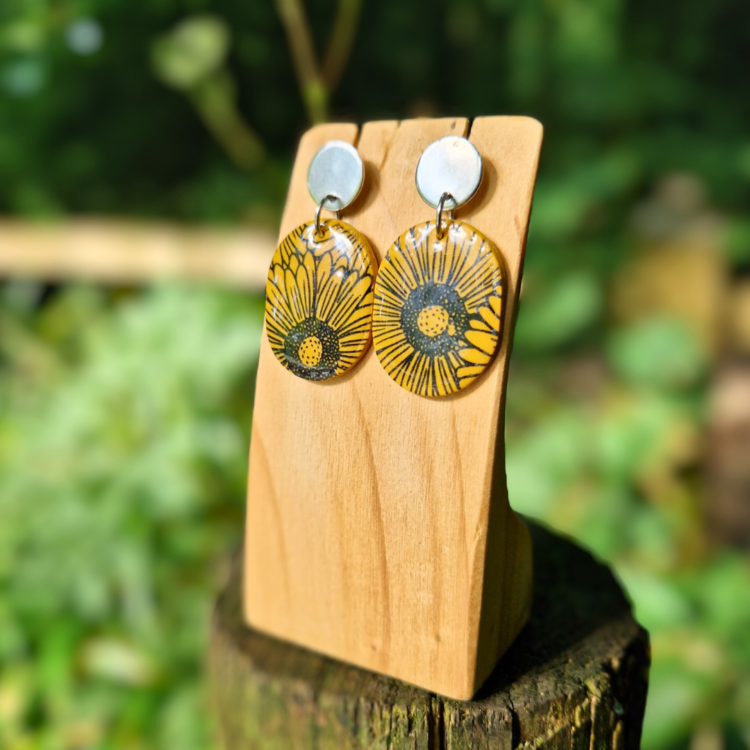 Statement Oval Sunflower Print Drop Studs