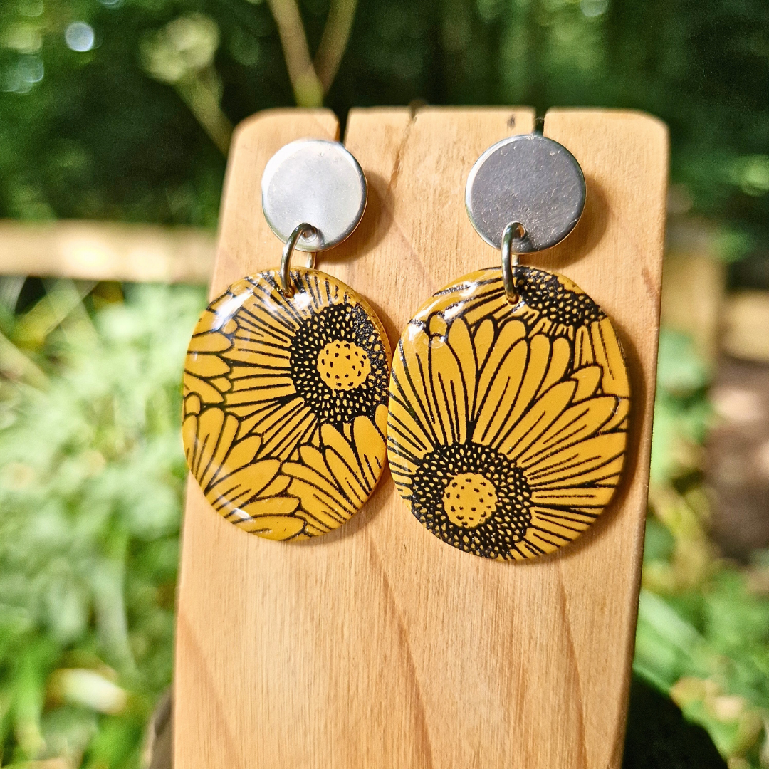 Statement Oval Sunflower Print Drop Studs