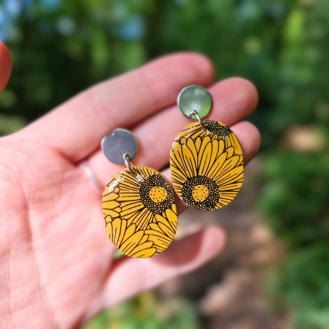 Statement Oval Sunflower Print Drop Studs