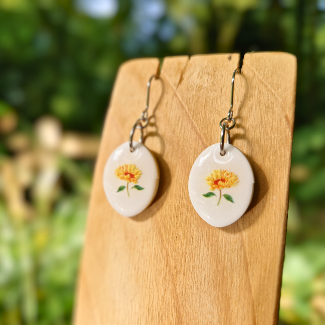 Sunflower Stem Classic Oval Hook Earrings