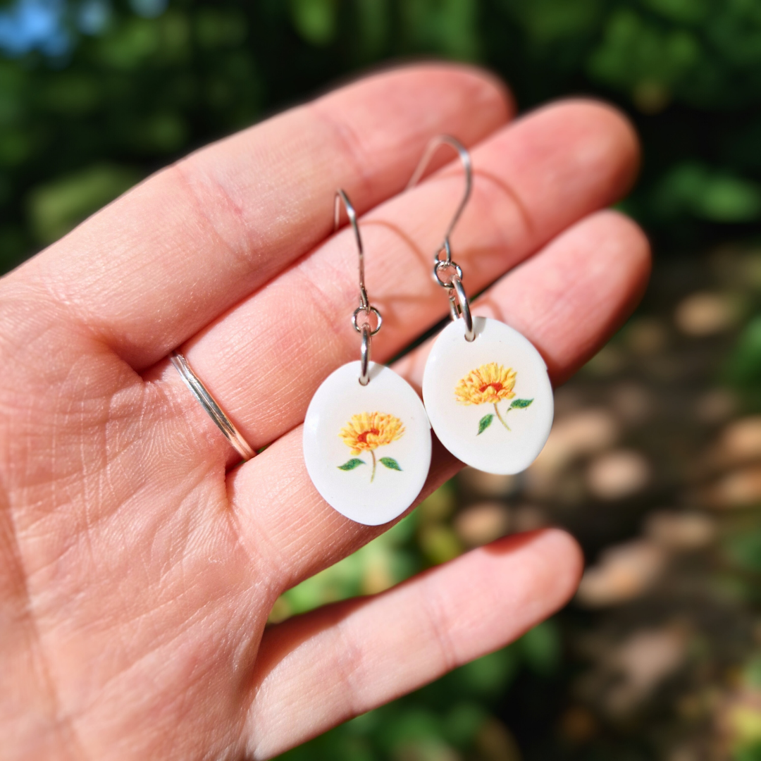 Sunflower Stem Classic Oval Hook Earrings