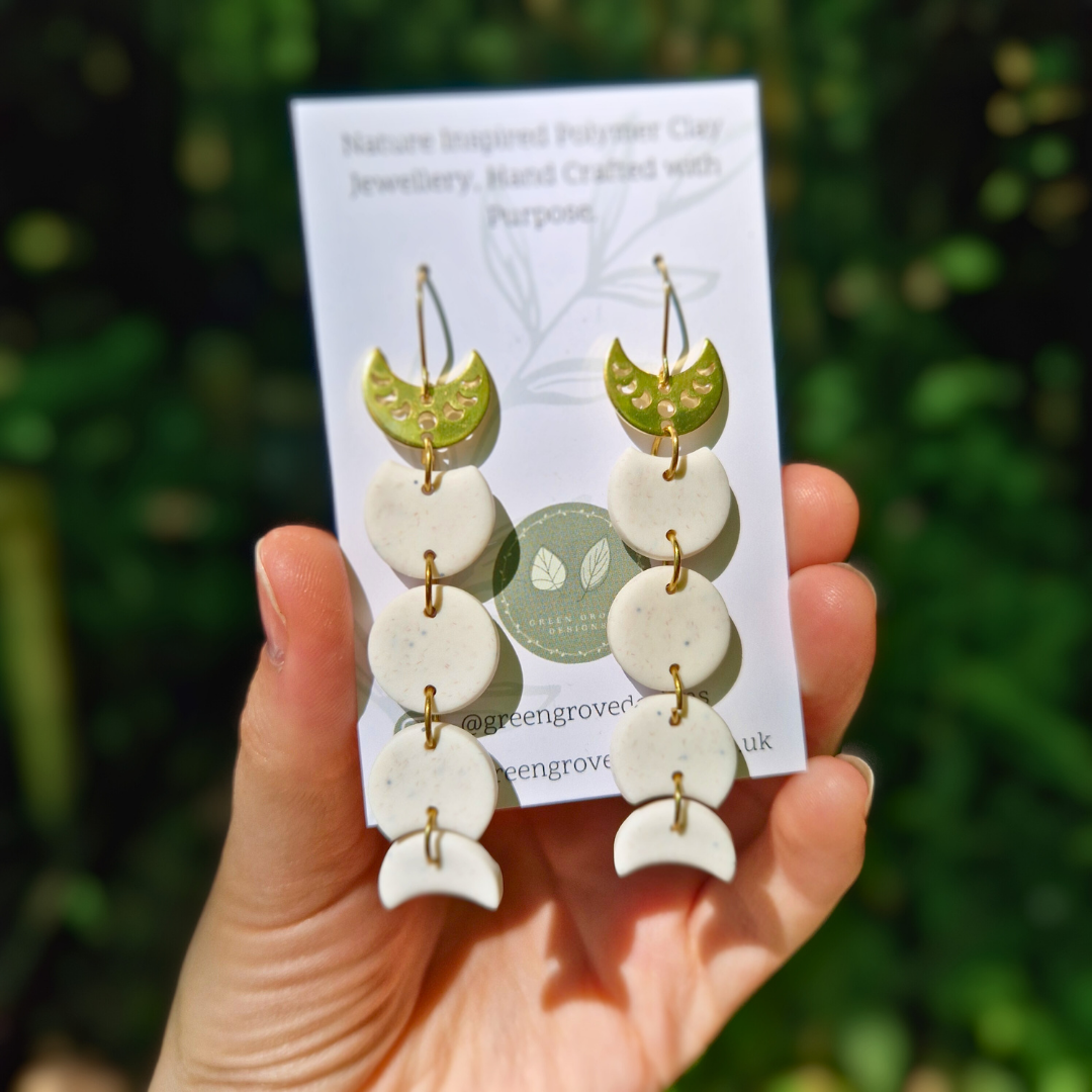 Speckled White and Gold Moon Phase Drop Earrings