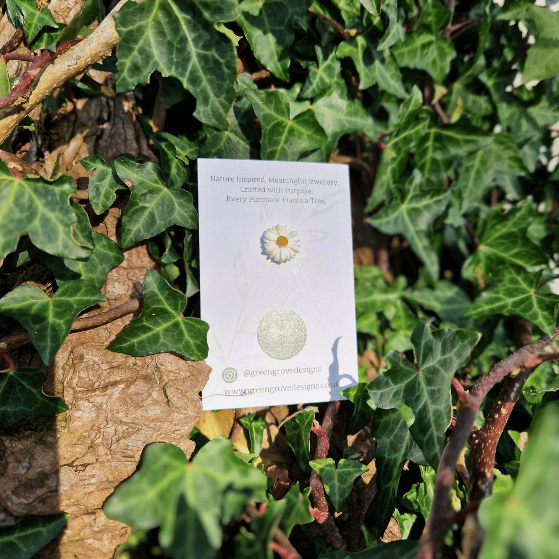 Mini Daisy Everyday Nature Pin Displayed in a Nature Background in Dorset.