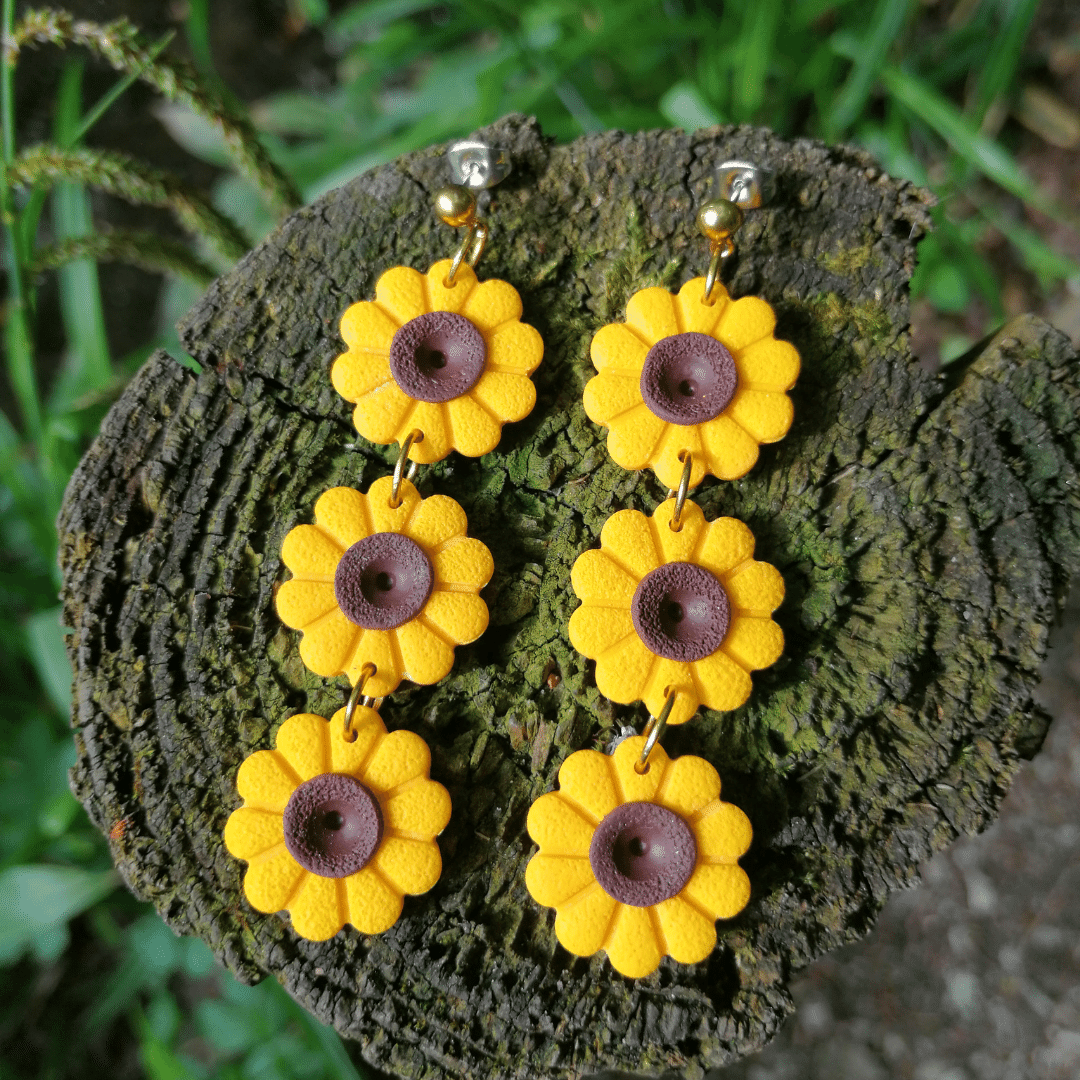 Close up of our statement joyful polymer clay drop studs, hand crafted in Dorset.