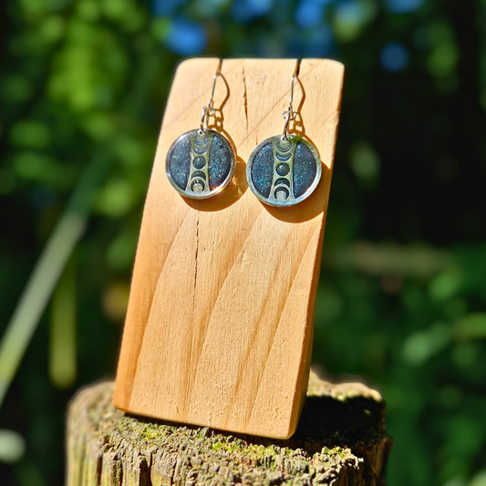 Galaxy Blue and Silver Circle Moon Phase Drop Earrings