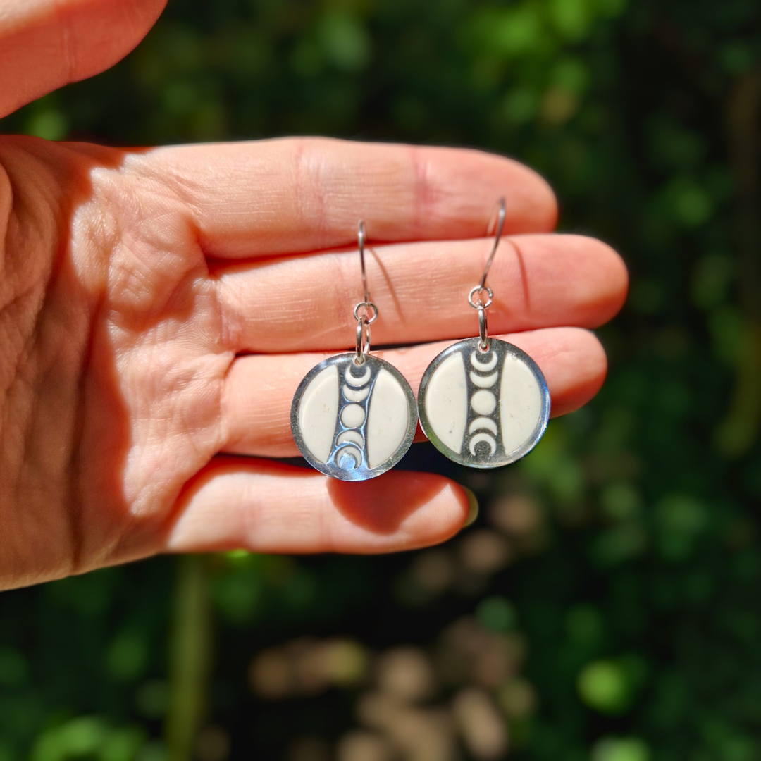 Speckled White and Silver Circle Moon Phase Earrings