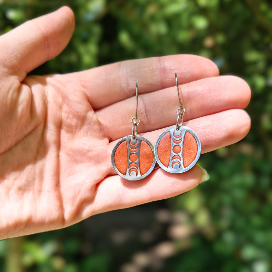 Copper and Silver Circle Moon Phase Earrings