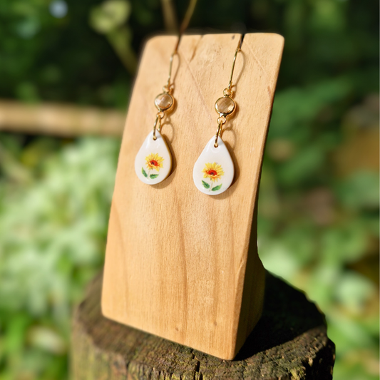 Teardrop Sunflower Hook Earrings with Glass Accent