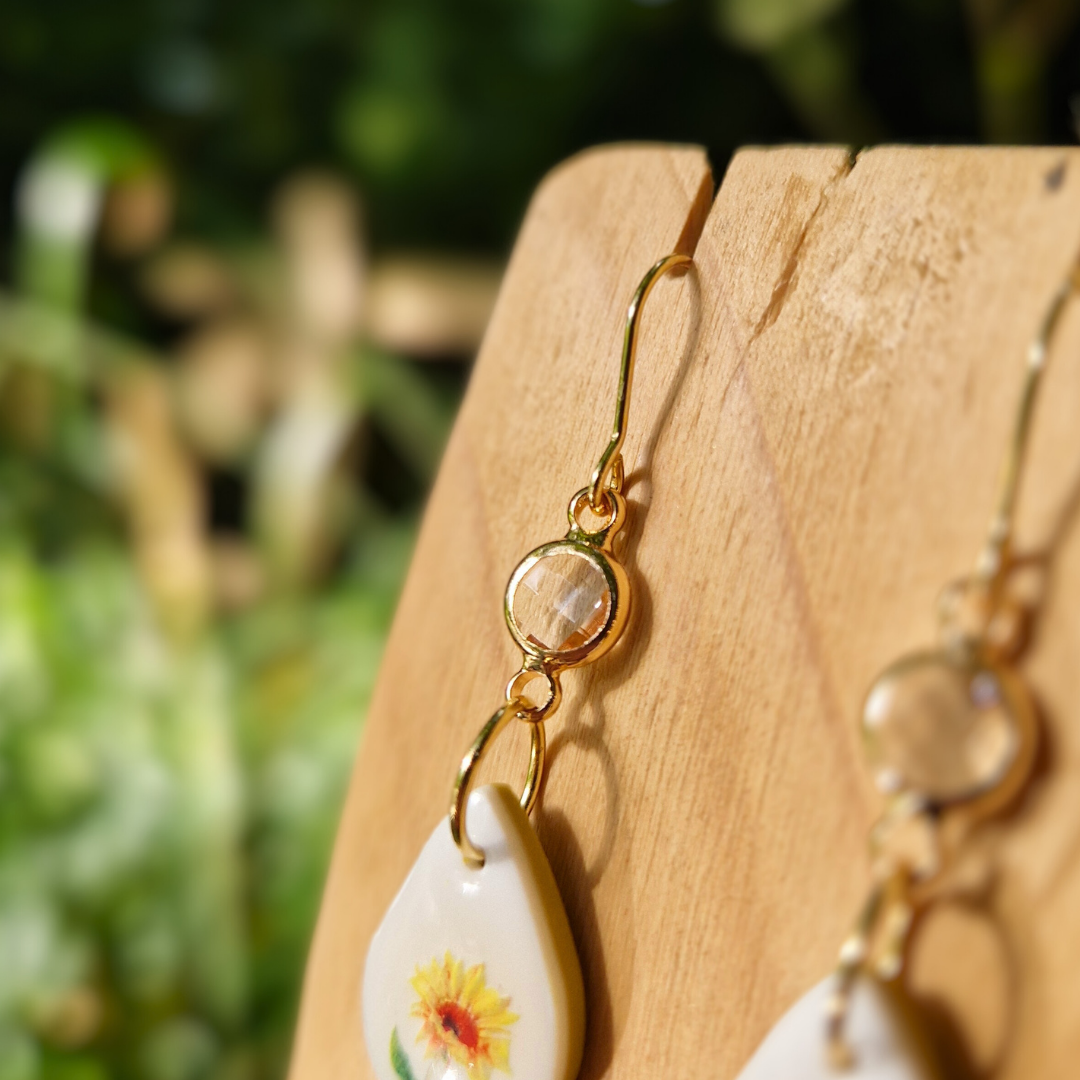 Teardrop Sunflower Hook Earrings with Glass Accent