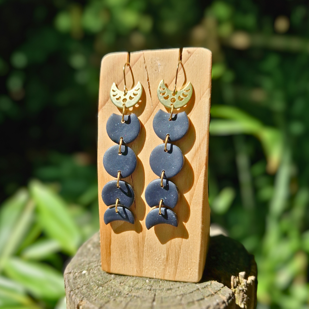 Galaxy Blue and Gold Moon Phase Drop Earrings