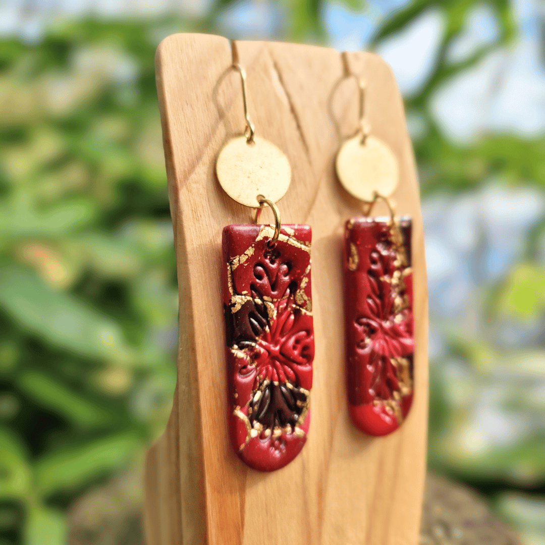 Close up Image of the Zero Waste Floral Embossed Earrings, Hand Crafted in Dorset.