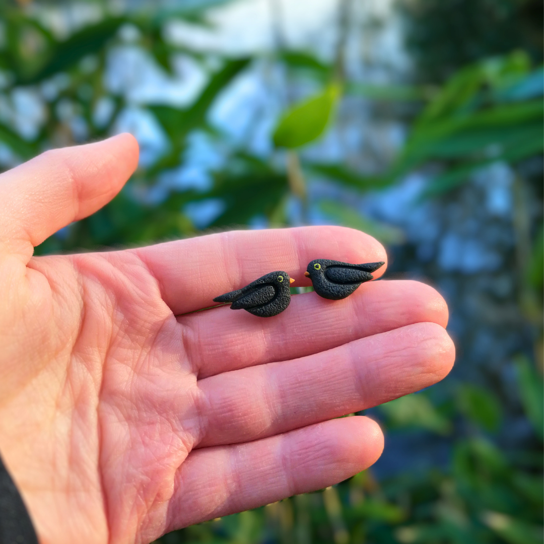 Blackbird British Bird Polymer Clay Studs Earrings