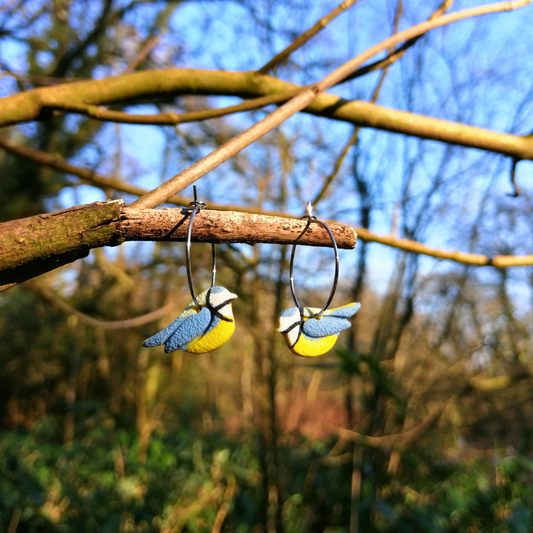 Blue Tit British Bird Polymer Clay Hoop Earrings