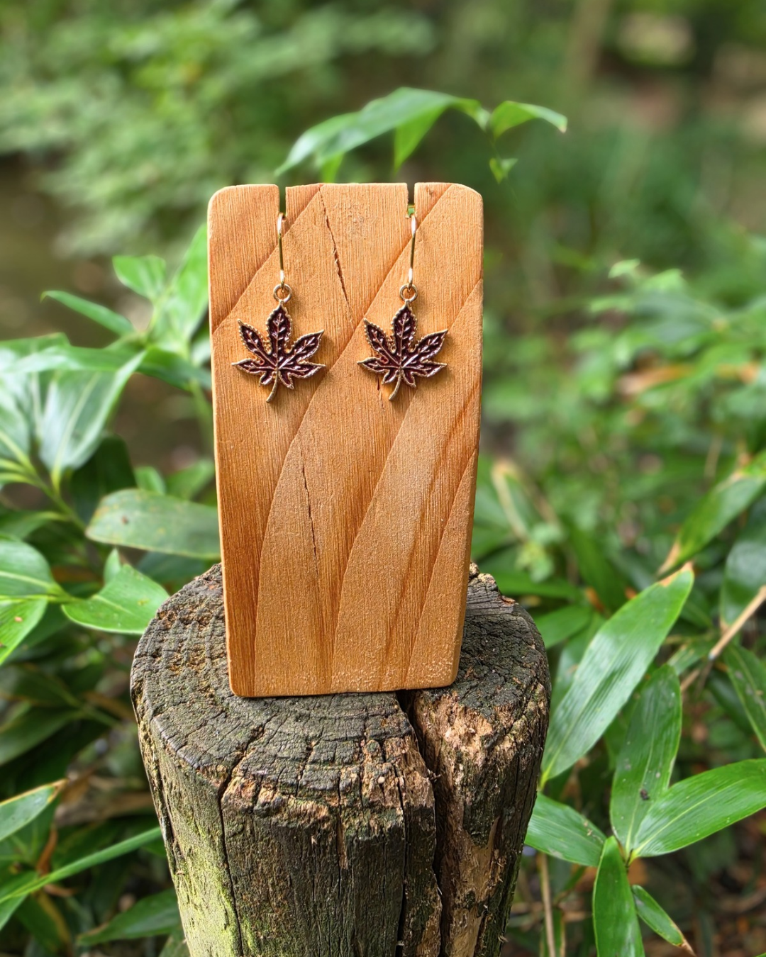 Dark Maroon Maple Leaf Enamel Charm Earrings
