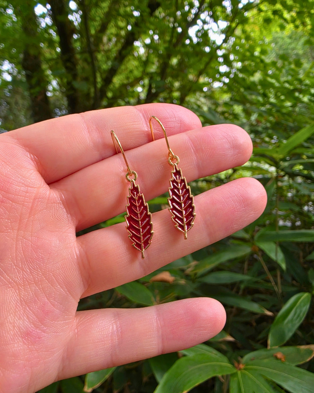 Maroon Autumn Leaf Enamel Charm Earrings