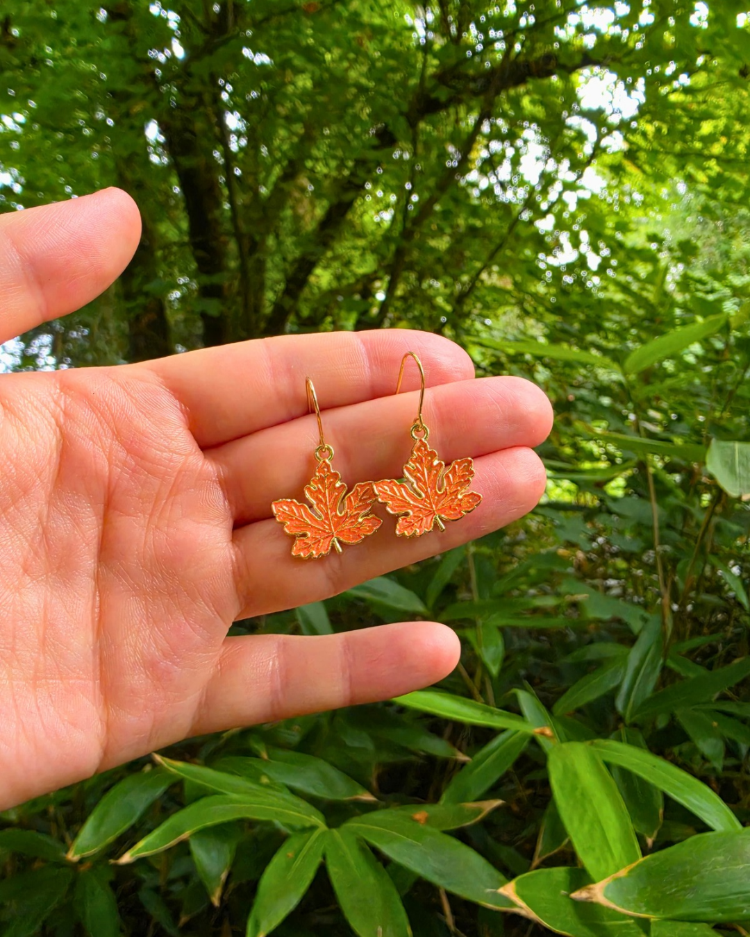 Metallic Orange Maple Leaf Enamel Charm Earrings