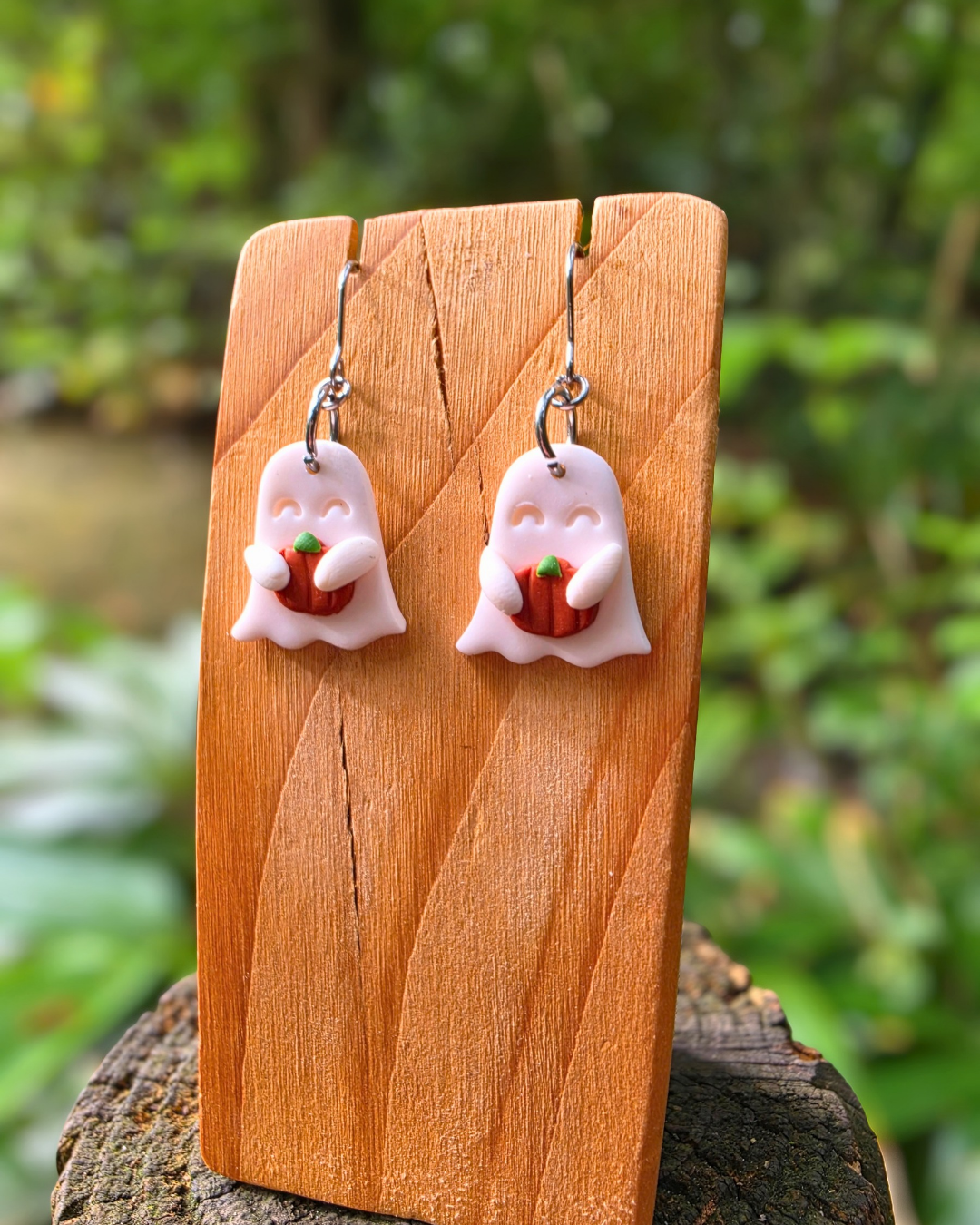 Ghost holding Pumpkin Drop Earrings