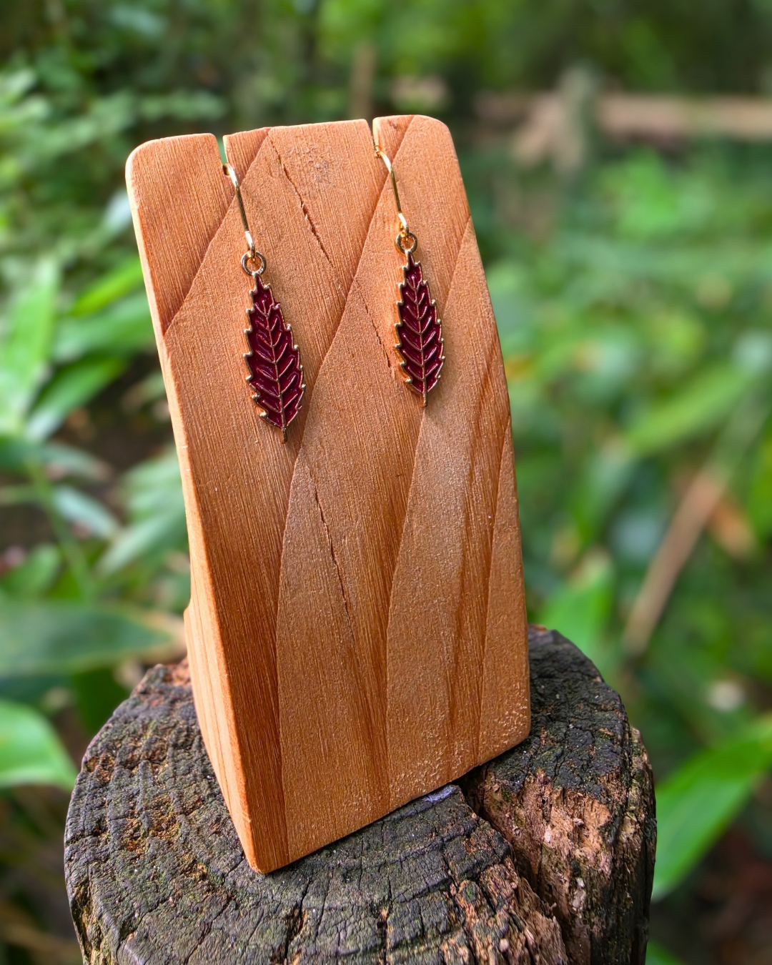 Maroon Autumn Leaf Enamel Charm Earrings