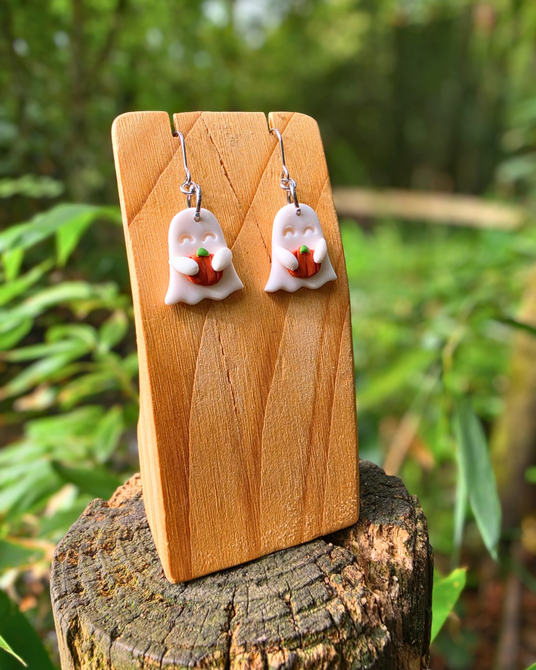 Ghost holding Pumpkin Drop Earrings