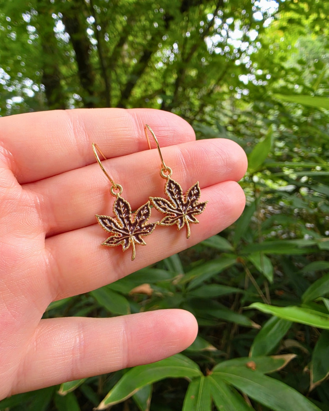Dark Maroon Maple Leaf Enamel Charm Earrings