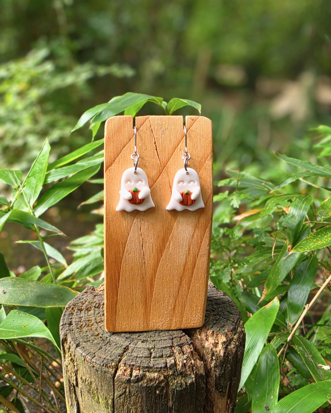 Ghost holding Pumpkin Drop Earrings
