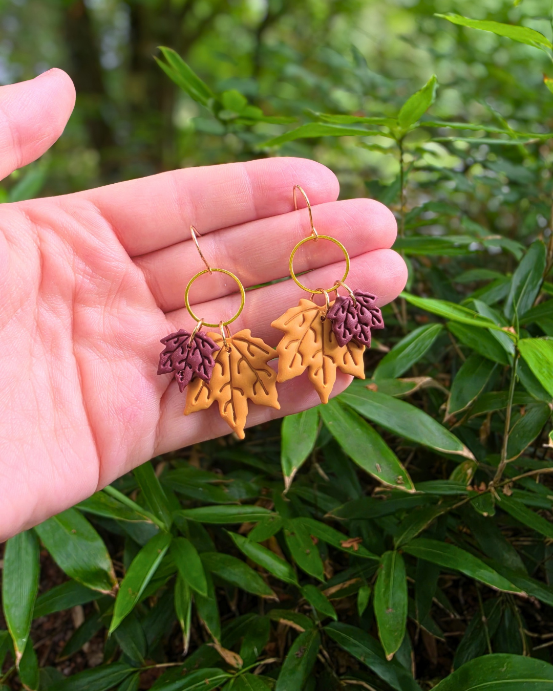 Double Maple Leaf Drop Earrings with Brass Connector