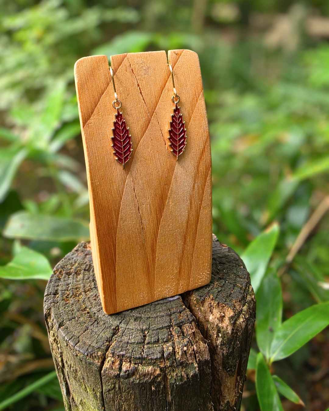 Maroon Autumn Leaf Enamel Charm Earrings