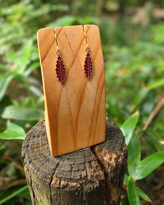 Maroon Autumn Leaf Enamel Charm Earrings