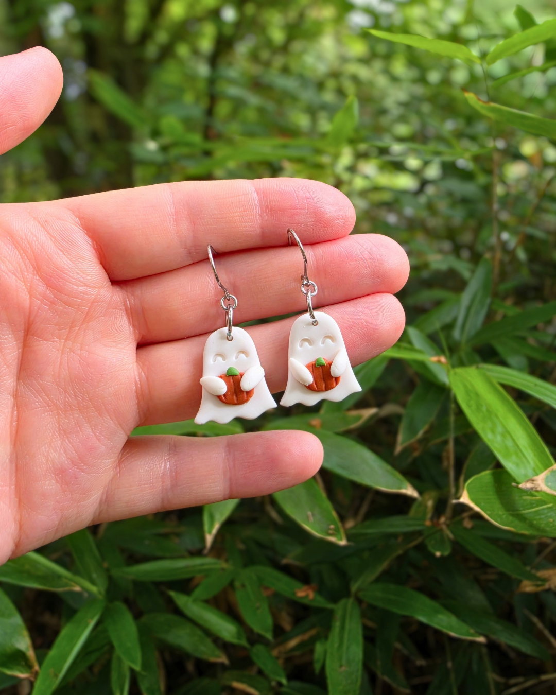 Ghost holding Pumpkin Drop Earrings