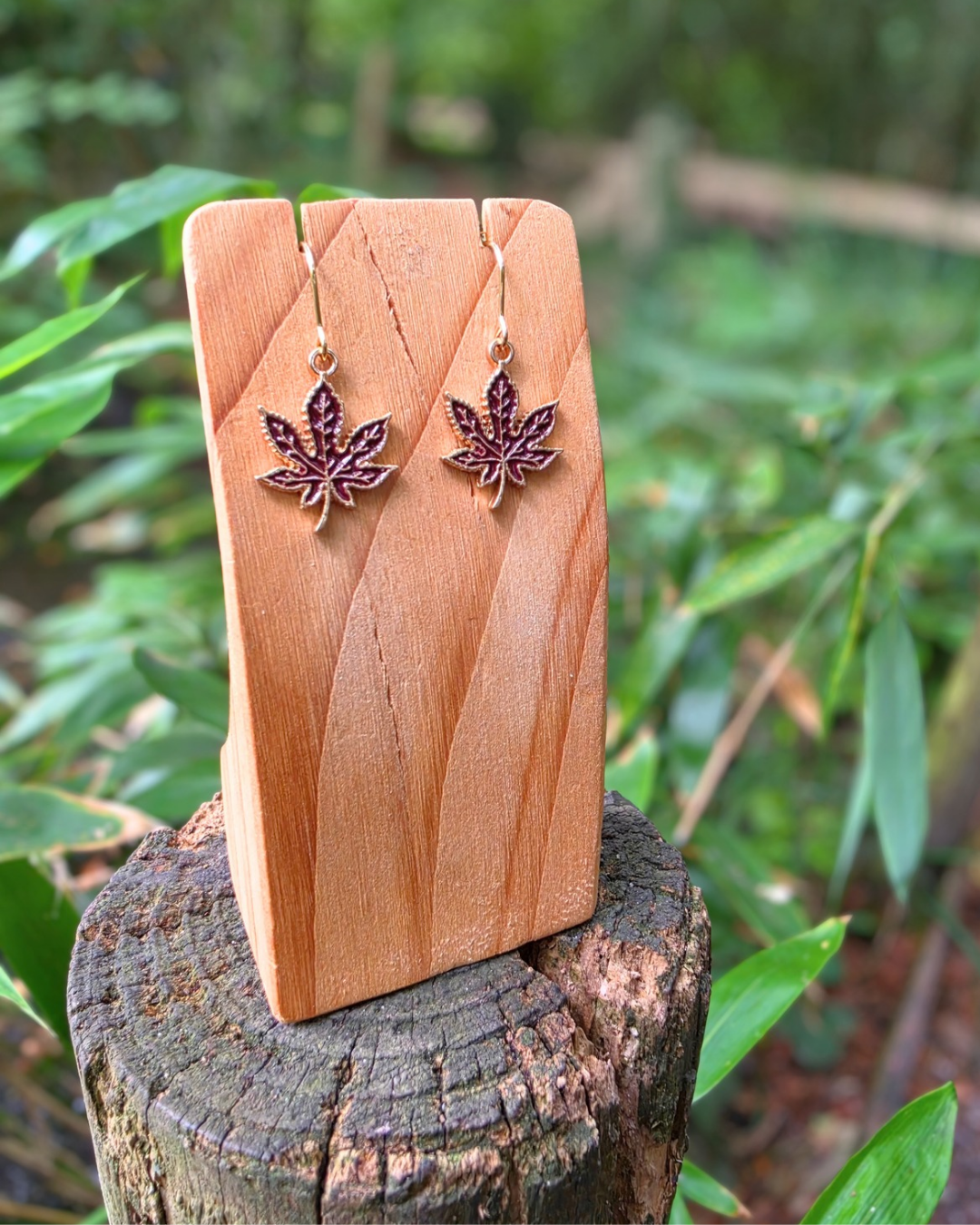 Dark Maroon Maple Leaf Enamel Charm Earrings