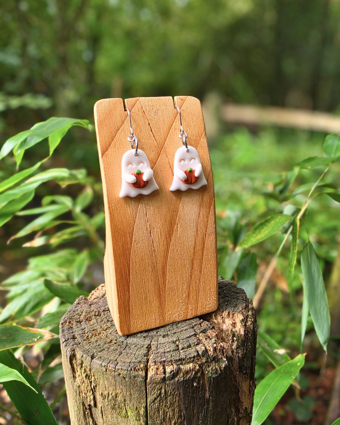 Ghost holding Pumpkin Drop Earrings